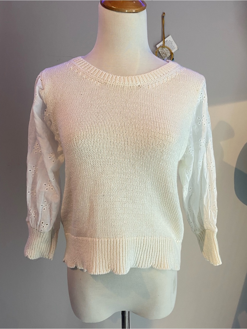 Women's White Eyelet Sleeve Knit Sweater